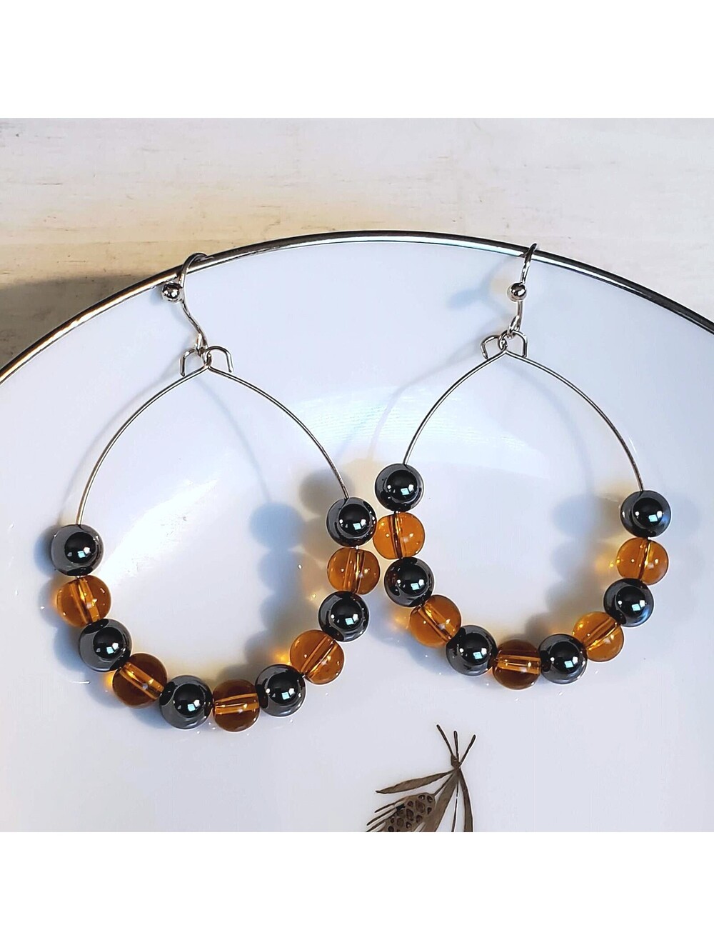Hematite Stone Amber Orange Glass Beads Teardrop Hoop Stainless Steel Earrings